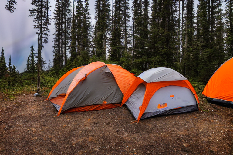 A gray and orange tent rests on a dirt clearing beside a warm campfire. Rainy ferns, camping chairs, and a picnic table surround the site, while bright green and purple auroras glow above the California coast.