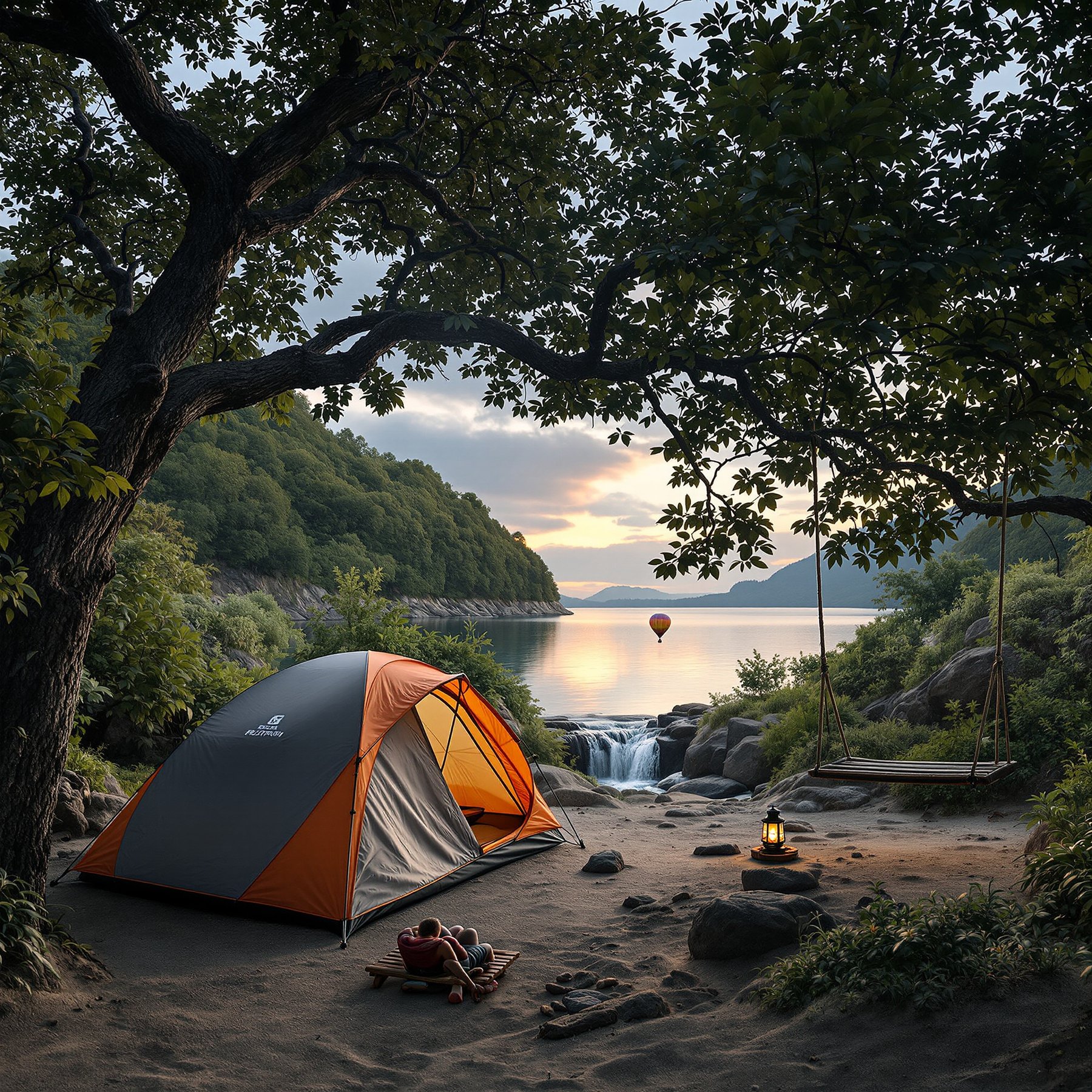Camp by a peaceful lake with a waterfall and watch the sun set behind green hills. There’s a cozy tent, a wooden swing, and a hot air balloon floating in the sky. This campsite feels calm and magical.