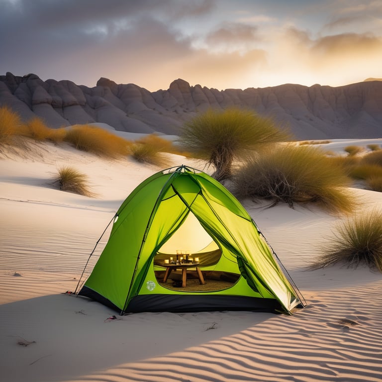 From inside a lime-green tent, white dunes glow under a soft, foggy sunset. Tall grass, rough ground, and a camping lantern frame a distant waterfall, with surfers adding a surprising touch to the wild scene.
