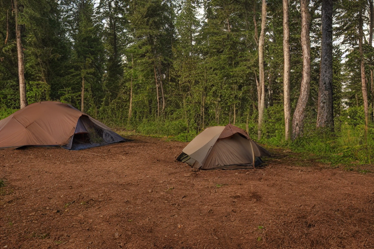 A cozy brown tent rests on a dirt clearing beneath tall forest trees. A hammock hangs nearby, with a backpack on the ground, while a deer stands quietly in the distance. Soft golden light shines through the cloudy sky.