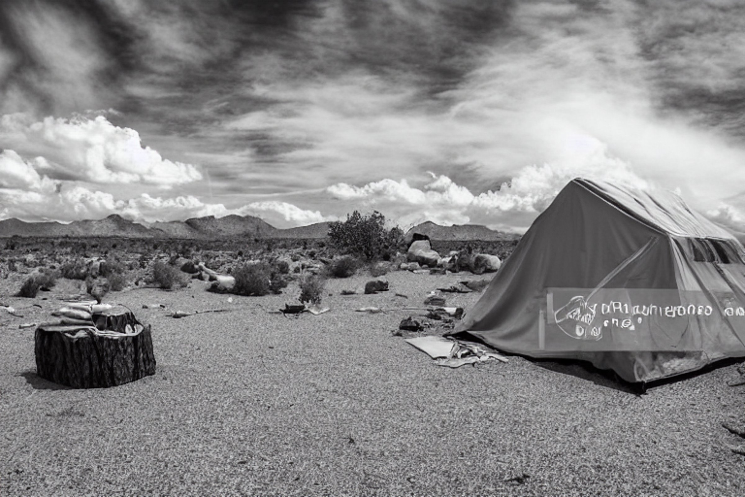 A white tent rests on a paved campsite in the rugged Joshua Tree landscape. Clothes sway on a nearby line as stormy clouds gather overhead. Gravel patches, rough ground, and a large log by the fire pit add a cozy camping feel.
