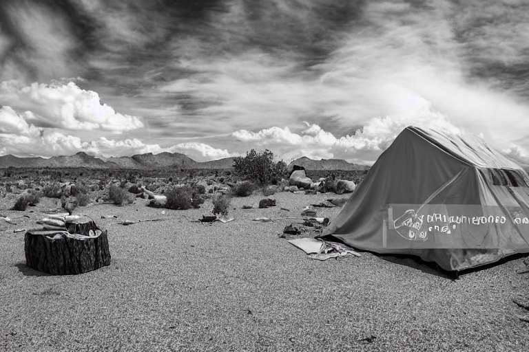 A white tent rests on a paved campsite in the rugged Joshua Tree landscape. Clothes sway on a nearby line as stormy clouds gather overhead. Gravel patches, rough ground, and a large log by the fire pit add a cozy camping feel.