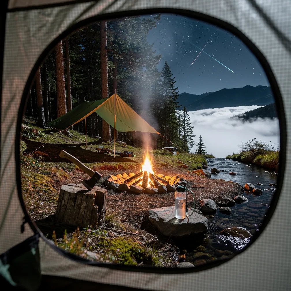 Tall pine trees surround a cozy lean-to and a small campfire that glows in the warm summer night. A clear stream runs beside the camp, with a water bottle and filter resting on a flat rock. An axe sits in a worn stump, ready for morning chores. Above the foggy valley, the Milky Way shines bright and tiny meteors streak across the sky.