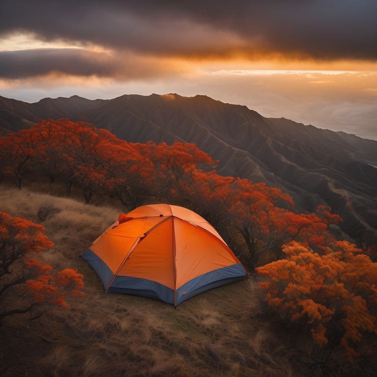 An orange tent rests in a quiet Hawaiian campsite at dusk. Fall-colored trees and large bushes surround it, while rolling hills fade into the fog below. A camping chair sits nearby, waiting for a peaceful evening.