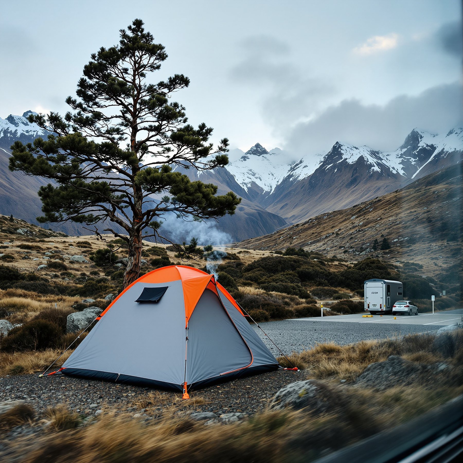 This campsite sits beside a tall pine tree, surrounded by golden grass and rocky ground. Snowy mountains rise in the background, making everything feel peaceful and wild. It’s a perfect spot for campers to enjoy nature’s beauty.