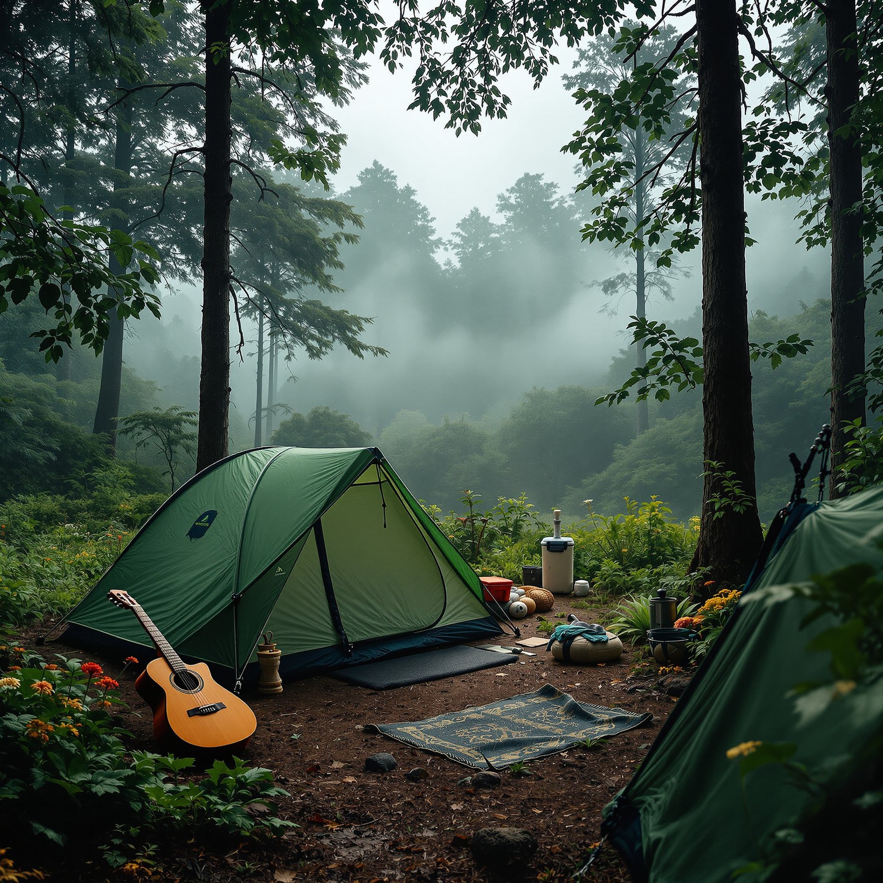 This cozy campsite sits in a peaceful, green forest with tall trees and soft morning mist. A guitar and a picnic rug invite you to relax and enjoy nature. It’s a quiet place to camp and play music under the trees.