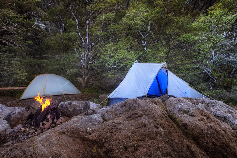 A cozy tent glows beside a crackling campfire in Mount Cook National Park. A clear stream winds through the campsite, while a person with a flashlight walks in the distance under the starry night sky.