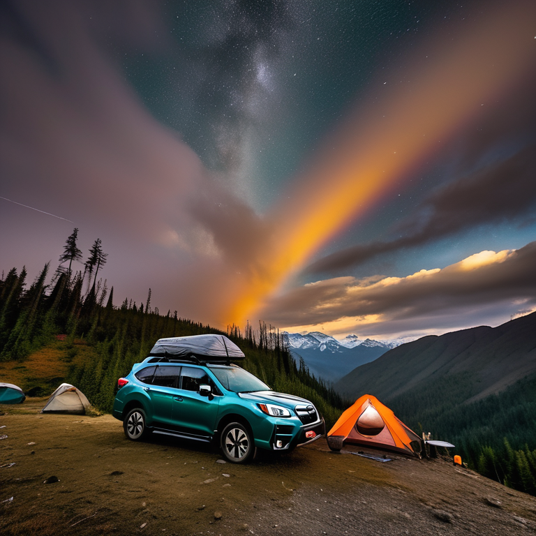 A teal Subaru with an open rooftop tent rests beside a warm campfire. Fall-colored trees surround the quiet campsite, while a dirt path leads into the valley. A distant flashlight glows under the cloudy sunset sky.