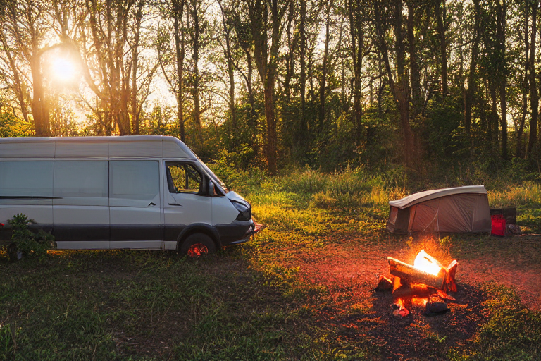 A cozy camper van rests beside a quiet river as the sun sets. A bright campfire glows on the dirt, with logs, fallen leaves, and a lantern nearby. Berry-covered bushes add a splash of color to this peaceful campsite.