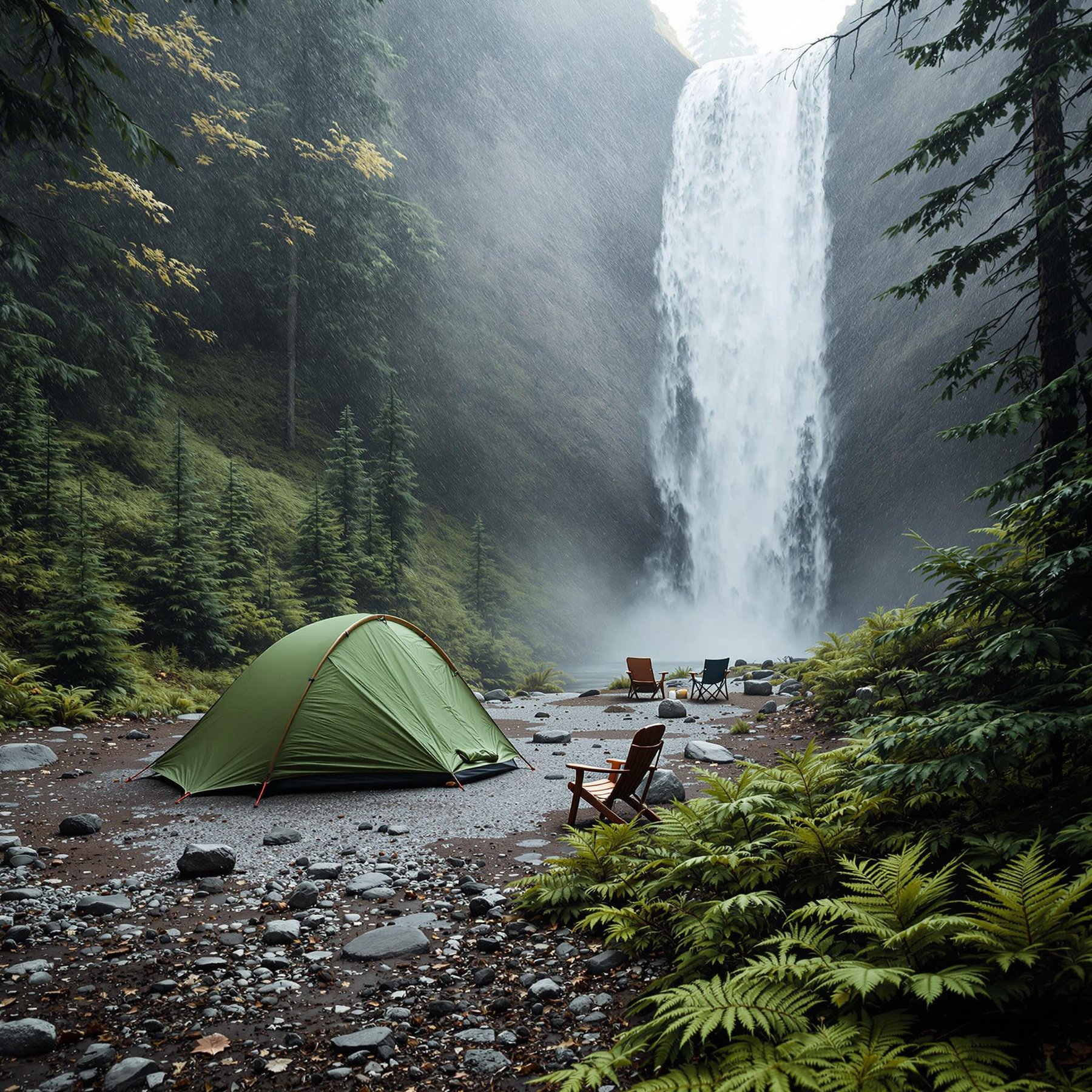 A cozy green tent sits by a roaring waterfall, surrounded by tall, whispering trees. Lush ferns and smooth stones dot the ground, creating a peaceful and magical atmosphere. It's a perfect spot for adventure and wonder in the great outdoors!