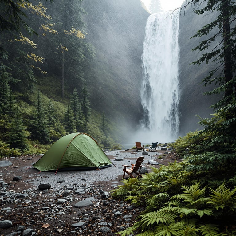 A cozy green tent sits by a roaring waterfall, surrounded by tall, whispering trees. Lush ferns and smooth stones dot the ground, creating a peaceful and magical atmosphere. It's a perfect spot for adventure and wonder in the great outdoors!
