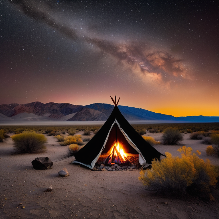 A black tent rests on a quiet dirt campsite beneath a sky full of stars. Fall-colored trees, a large rock, and a clothesline add charm, while a warm campfire glows beside the tent.