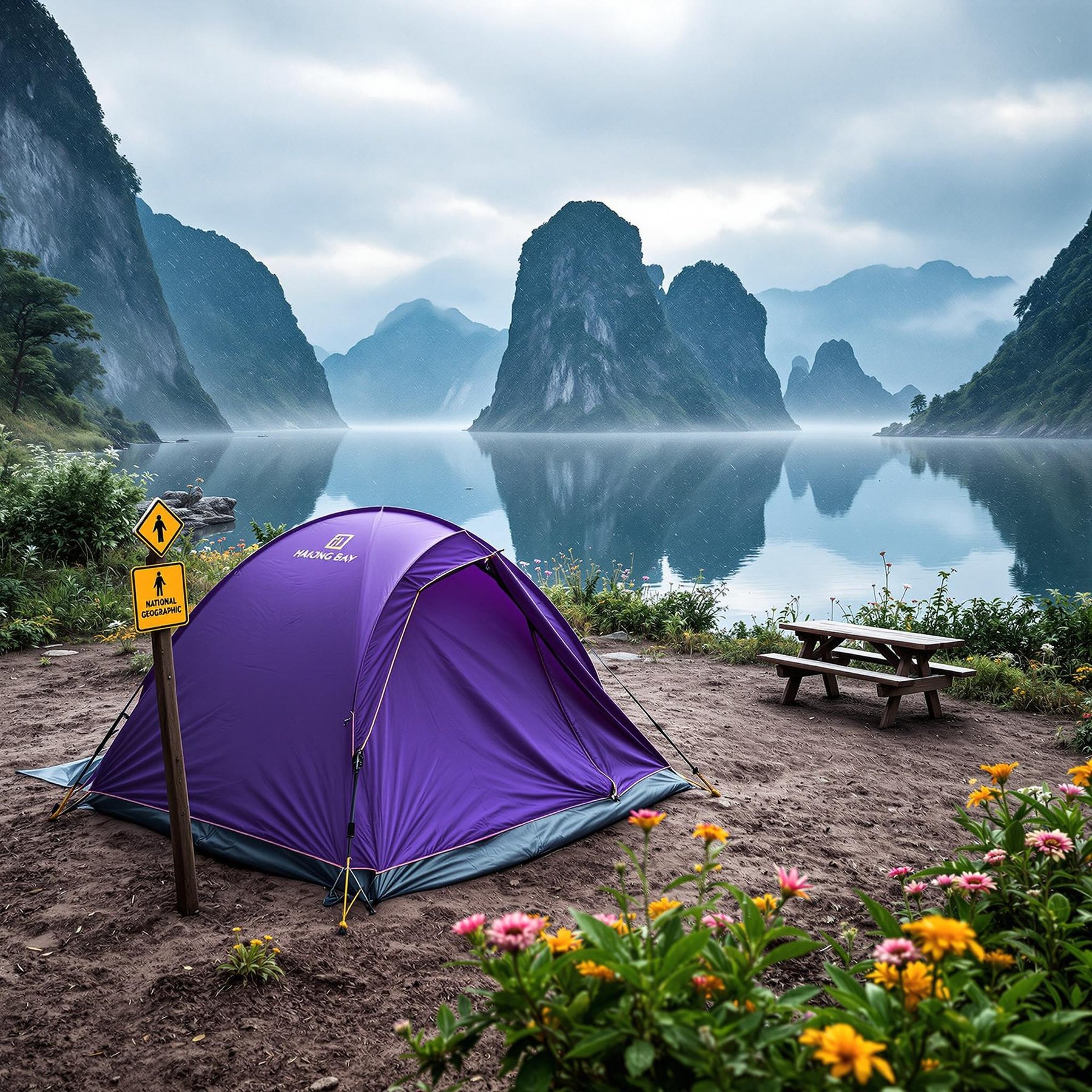 A cozy purple tent sits by a calm blue lake, surrounded by tall, misty mountains. Bright flowers add a splash of color, and a picnic table invites you to sit and enjoy the view. The air is fresh, and everything feels peaceful and magical.