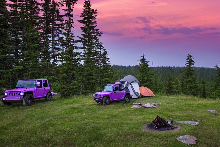 A purple Jeep with a rooftop tent rests at a quiet campsite on the Maine coast. Fog drifts through the tall trees as the sunset warms the sky, while a campfire crackles beside a large rock.