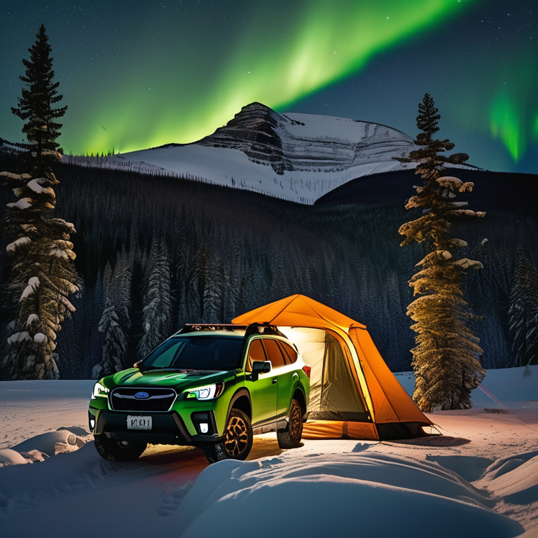 A green camo Subaru rests in a snowy forest beside a warm campfire. Its rooftop tent glows softly under the colorful northern lights, with a mountain rising in the distance. Clothes hang nearby, and bright berries add a touch of color to the quiet campsite.