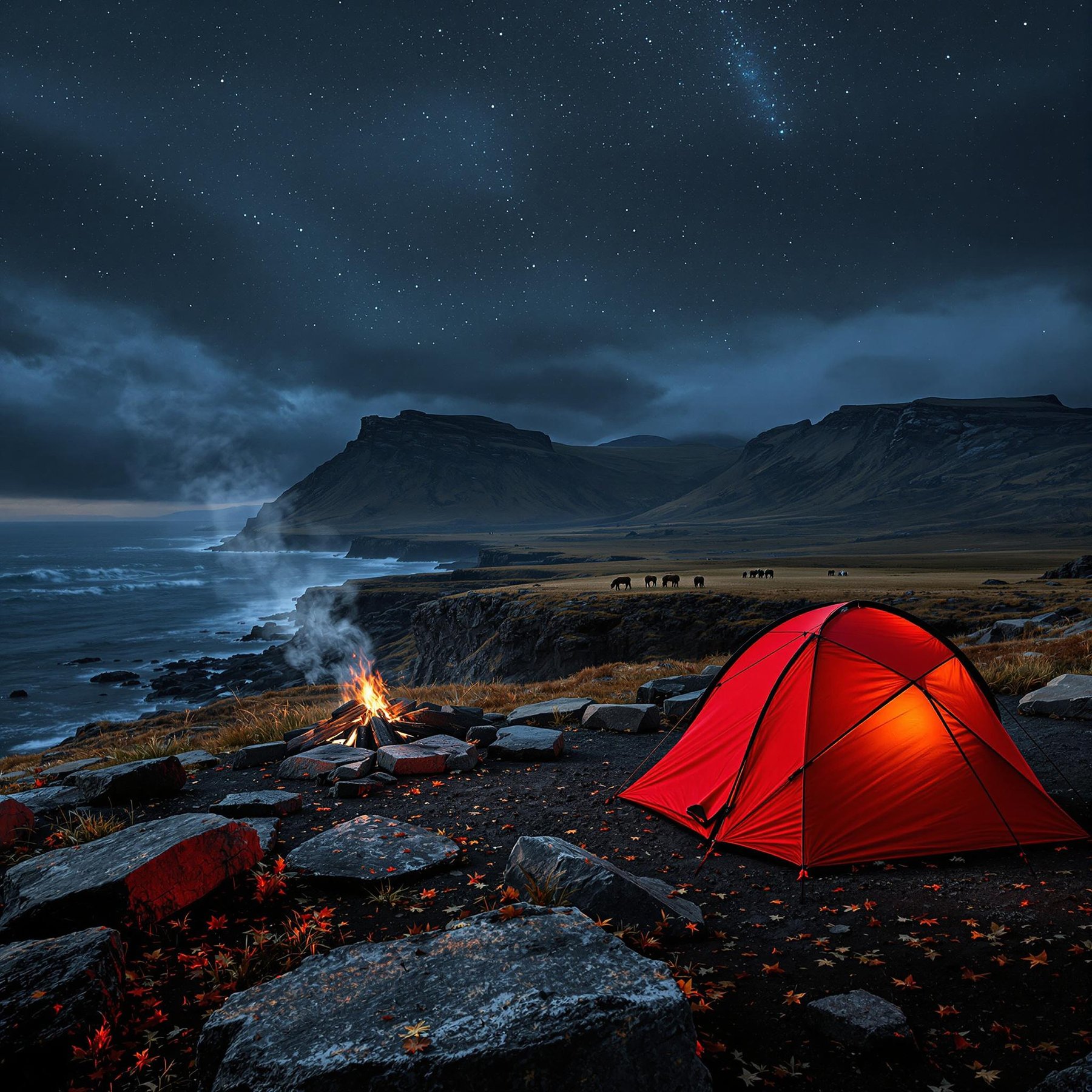 A red tent rests on a rocky Icelandic cliff beneath a sky filled with shooting stars. Campfire smoke curls into the stormy night, while wild horses graze far away.