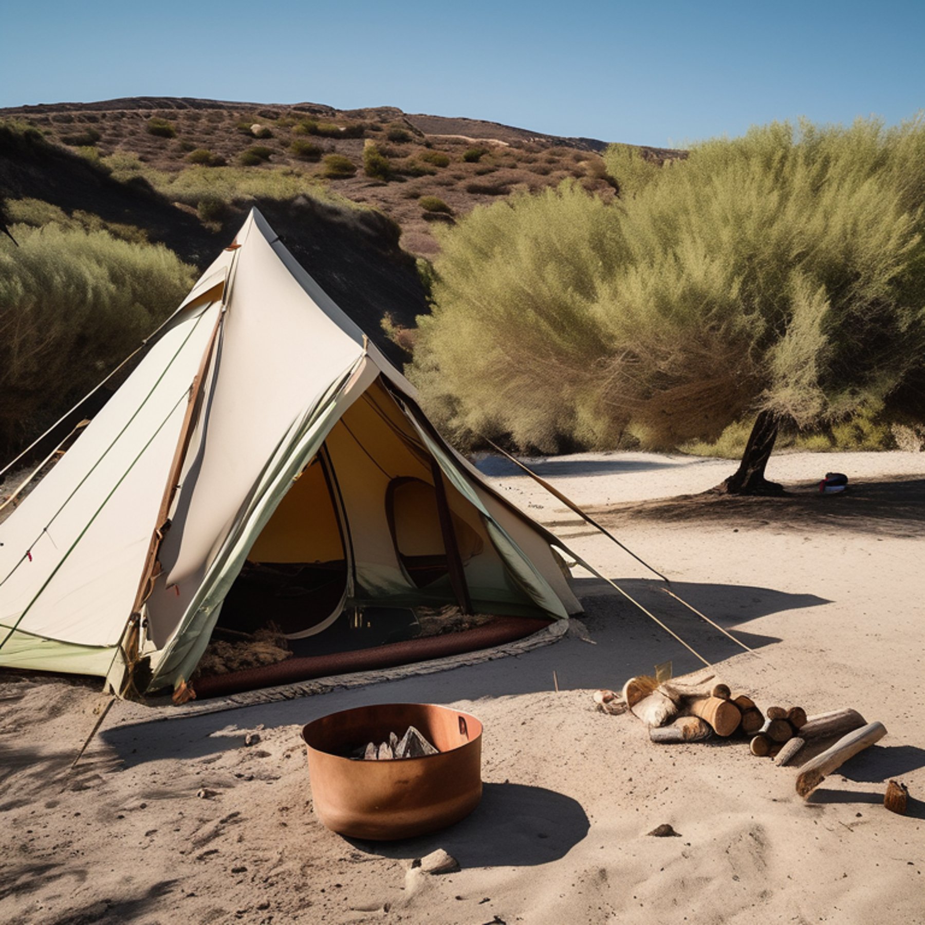 A green tent rests on a sunny dirt campsite surrounded by tall grass and leafy forest. A small campfire and logs sit in the center, while surfers enjoy the bright Santorini day nearby.