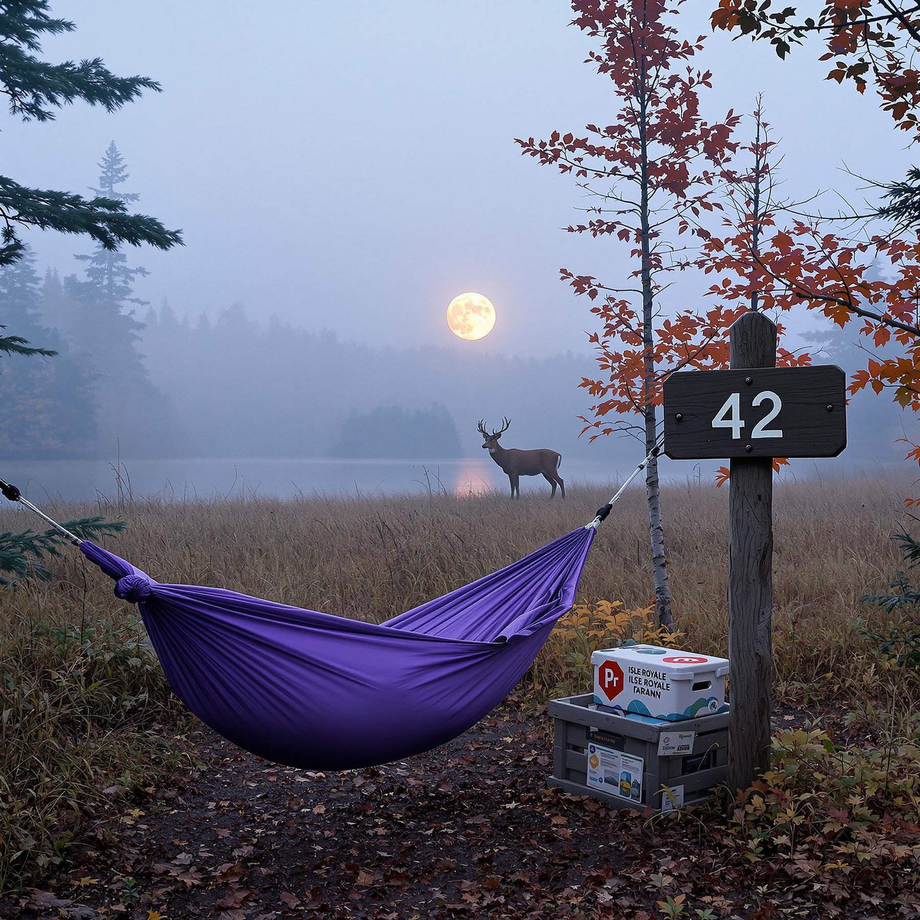 A purple hammock rests among colorful fall trees in a quiet, misty forest. A wooden sign marked “42” stands beside a box of camping gear. In the distance, a deer wanders under the soft light of the full moon.