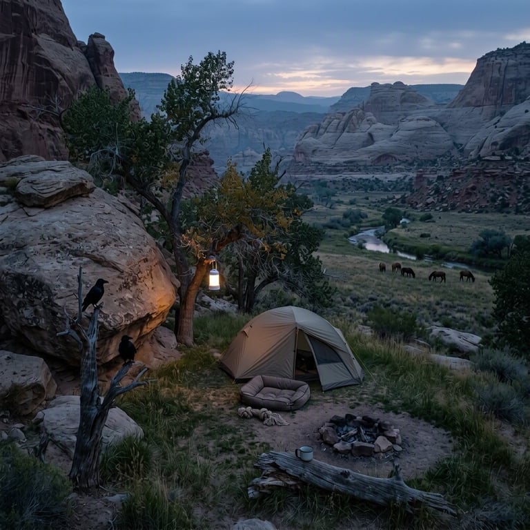 A quiet campsite rests in a grassy pocket beneath tall red sandstone walls. A warm lantern glows beside the khaki tent as dawn’s blue light settles over the canyon. Far away, wild horses graze in the open field while ravens watch from a nearby tree.
