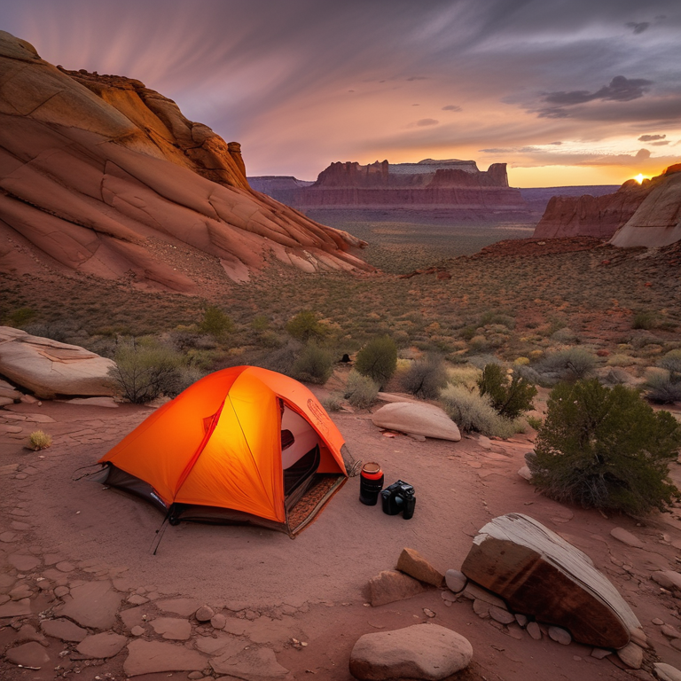 A gray and orange tent rests on a rocky patch in Capitol Reef National Park. A small campfire glows beside the logs as rain clouds brighten with the sunrise. Loose stones and a box of camping gear complete the cozy campsite.