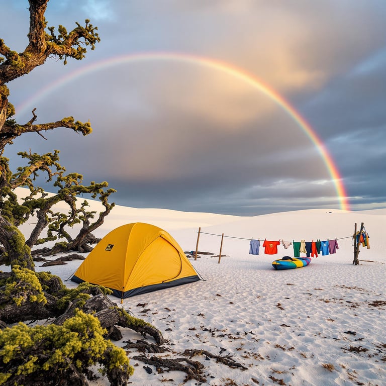 A bright yellow tent rests among the white dunes as the sun sets. Camping gear and drying clothes add a cozy touch, while a kayak waits by the shore. Dark clouds roll overhead, but a rainbow shines across the sky.