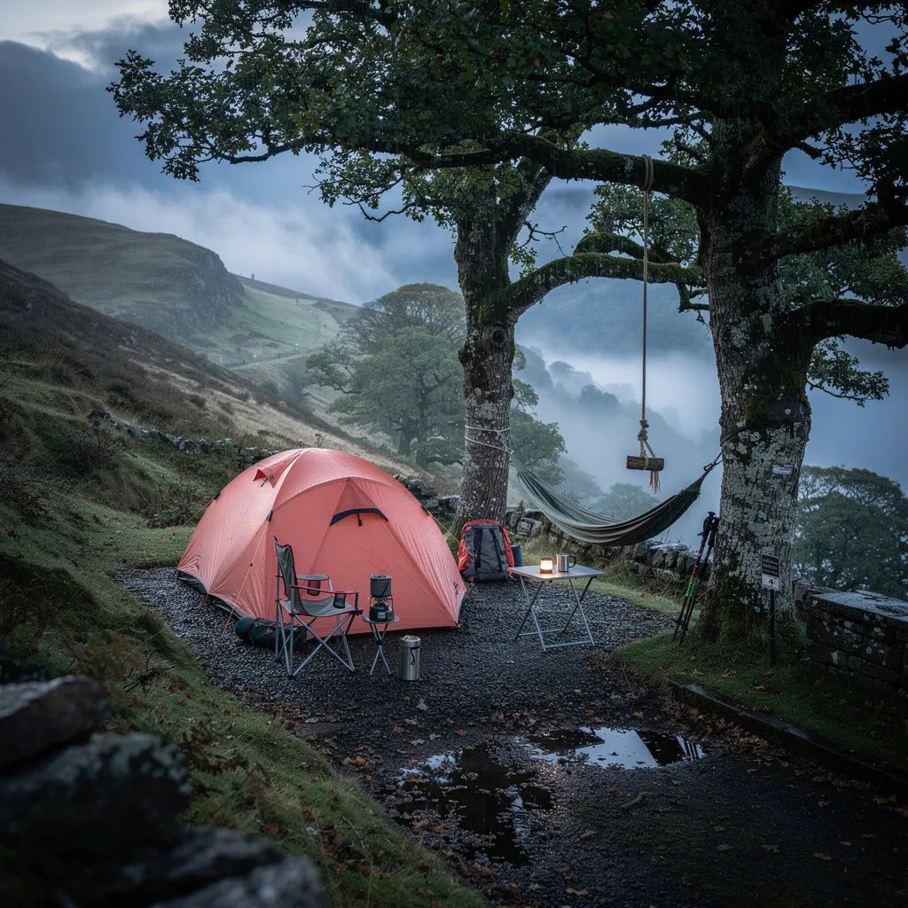 A coral tent sits on wet gravel beside a windy hillside, with mist sliding through the valley in cool blue light. A hammock hangs between two trees, and a simple rope swing dangles from a thick branch. Everything looks fresh from the rain, quiet, and a little magical.