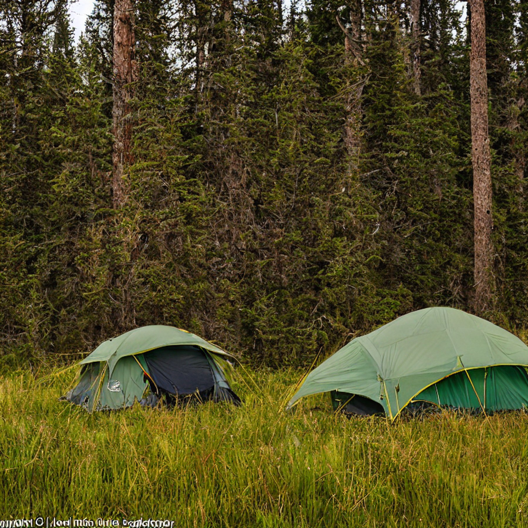 A green tent rests on a dirt clearing surrounded by tall, overgrown grass. Camping chairs sit nearby as the warm sunset lights up the Washington landscape. A soft flashlight glow shines from inside the tent.