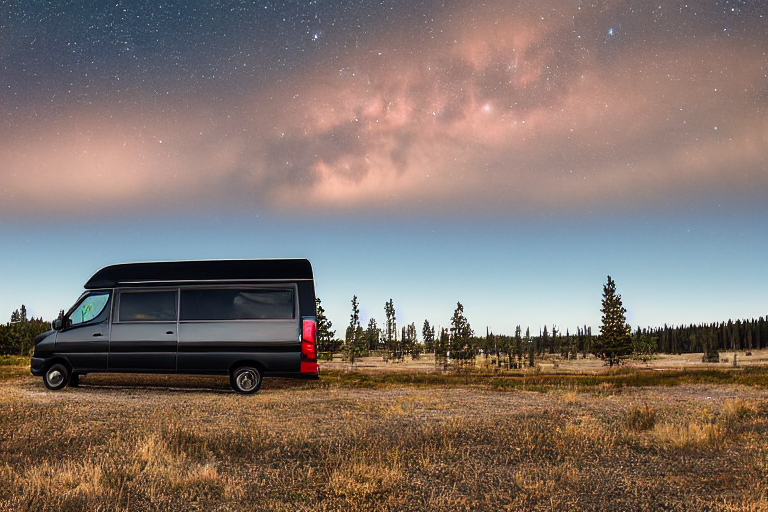 A black camper van rests at a paved campsite in Yellowstone as the sun rises. Camping gear sits nearby, while a dirt patch and open landscape stretch toward the horizon. A pale moon hangs in the clear morning sky.