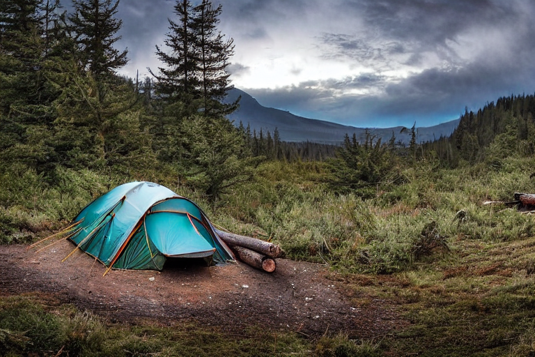 A teal tent rests on a rough mountain campsite beneath a star-filled, stormy sky. A warm campfire glows among stone rings and logs, while tall trees and rolling hills stretch into the night.
