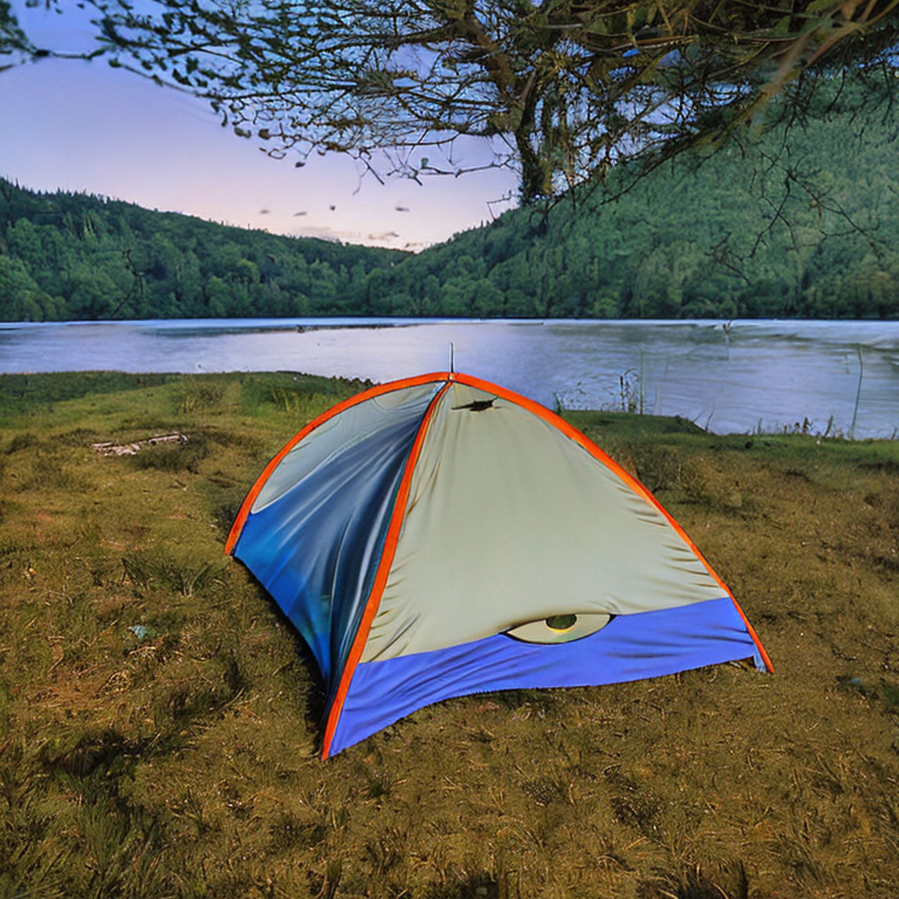 A gray-blue tent rests on a quiet dirt clearing beneath glowing green and blue auroras. Mossy trees and tall grass surround the camp, with dark mountains in the distance. A lone camper’s flashlight adds a warm light to the peaceful night.