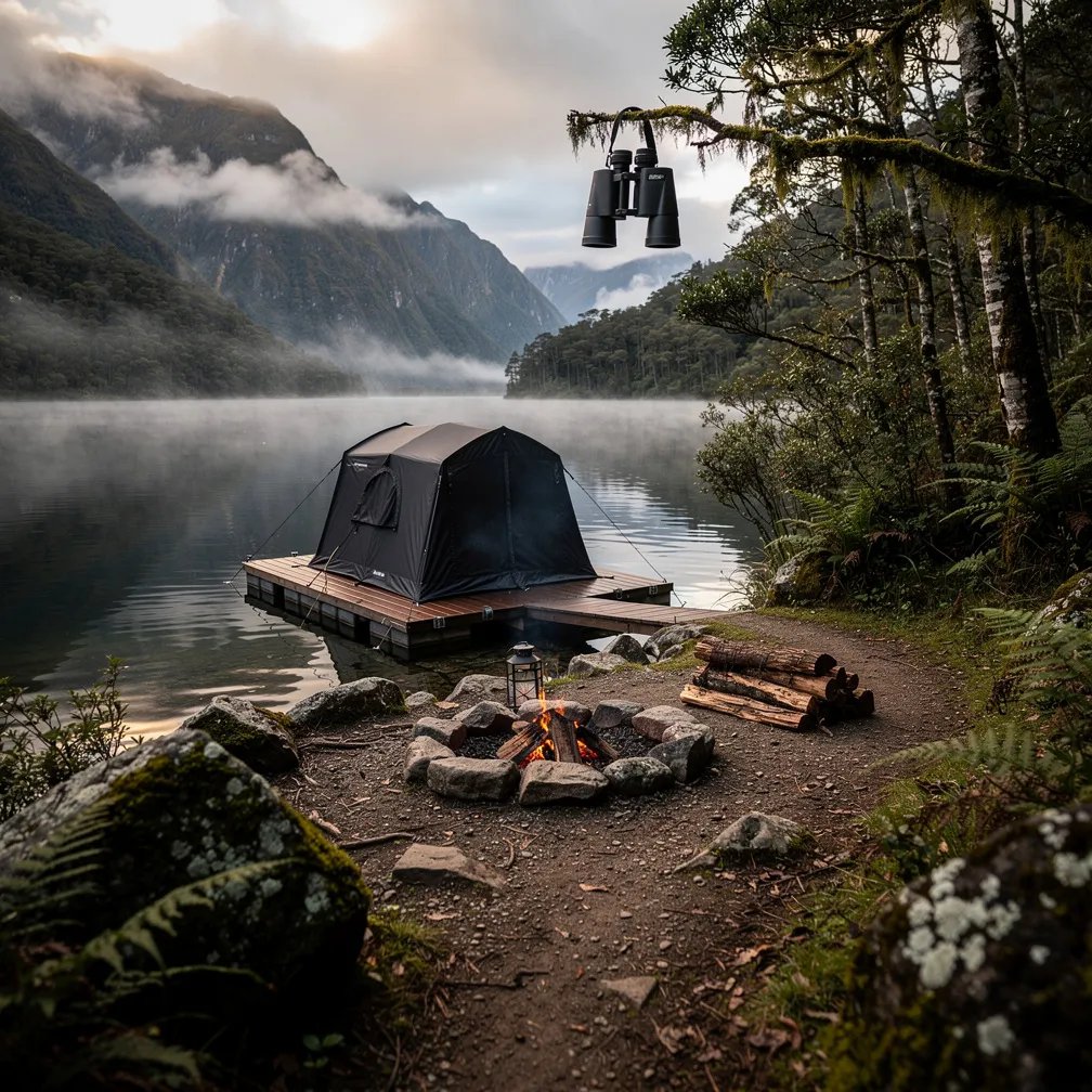 A quiet, dark lake sits under a cloudy sky, with soft fog drifting over the water. A black tent rests on a small floating platform near the shore, tied down tight. On land, a stone fire ring holds glowing coals and stacked logs beside mossy rocks and beech trees. A pair of binoculars hangs from a low branch, ready for watching the wild.