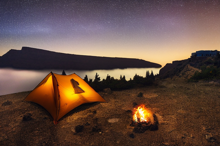 A cozy tent rests on a rough campsite beneath a star-filled Santorini sky. A glowing lantern and campfire warm the foggy night, while a mountain rises in the distance.