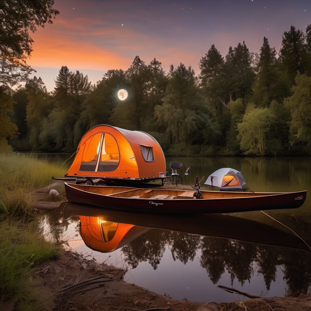 An orange teardrop trailer rests in a quiet grove at dusk. Camping chairs sit nearby, with a canoe on the shore and binoculars hanging from a tree. A bright moon shines in the clear sky.
