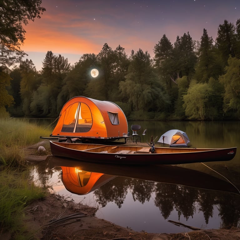 An orange teardrop trailer rests in a quiet grove at dusk. Camping chairs sit nearby, with a canoe on the shore and binoculars hanging from a tree. A bright moon shines in the clear sky.