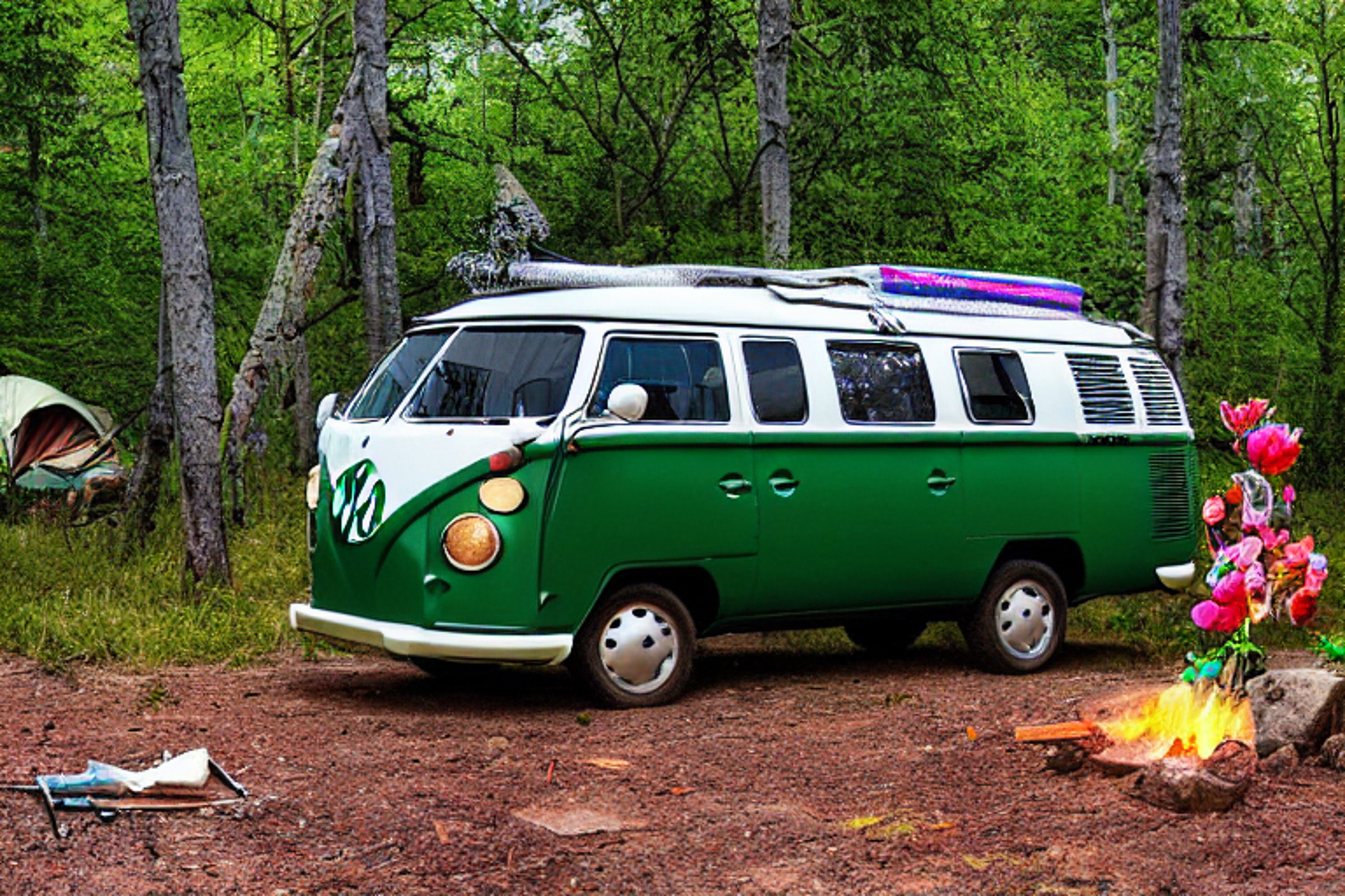 A forest-green camper van rests on a rocky campsite in the Ozark woods. A warm campfire glows beside a lantern as the sun sets under a clear sky. Wildflowers, stones, and a dirt clearing add to the peaceful outdoor scene.