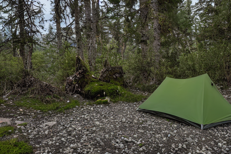 A green camo tent rests beside a glowing campfire on a snowy night in Santorini. Mossy trees, fallen leaves, and scattered stones surround the quiet dirt campsite, with a parking spot nearby.