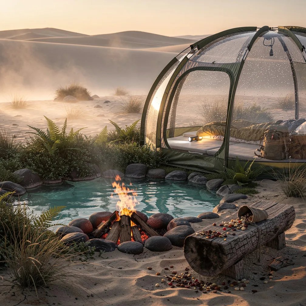 A quiet hot spring sits beside pale sand dunes, with green ferns and damp plants all around. Soft mist drifts through the golden afternoon light, making everything feel calm and magical. A clear bubble tent glows warmly from a flashlight inside, and a small campfire crackles in a ring of logs nearby. A rough log bench holds spilled trail mix, like someone just stepped away for a moment.