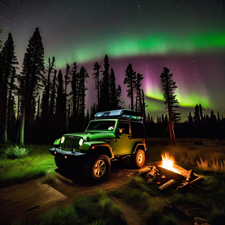 A forest green Jeep with a rooftop tent rests beside a warm campfire in a quiet Colorado forest. A cool stream winds through the mossy grass, while the glowing northern lights shine above the cloudy night sky.