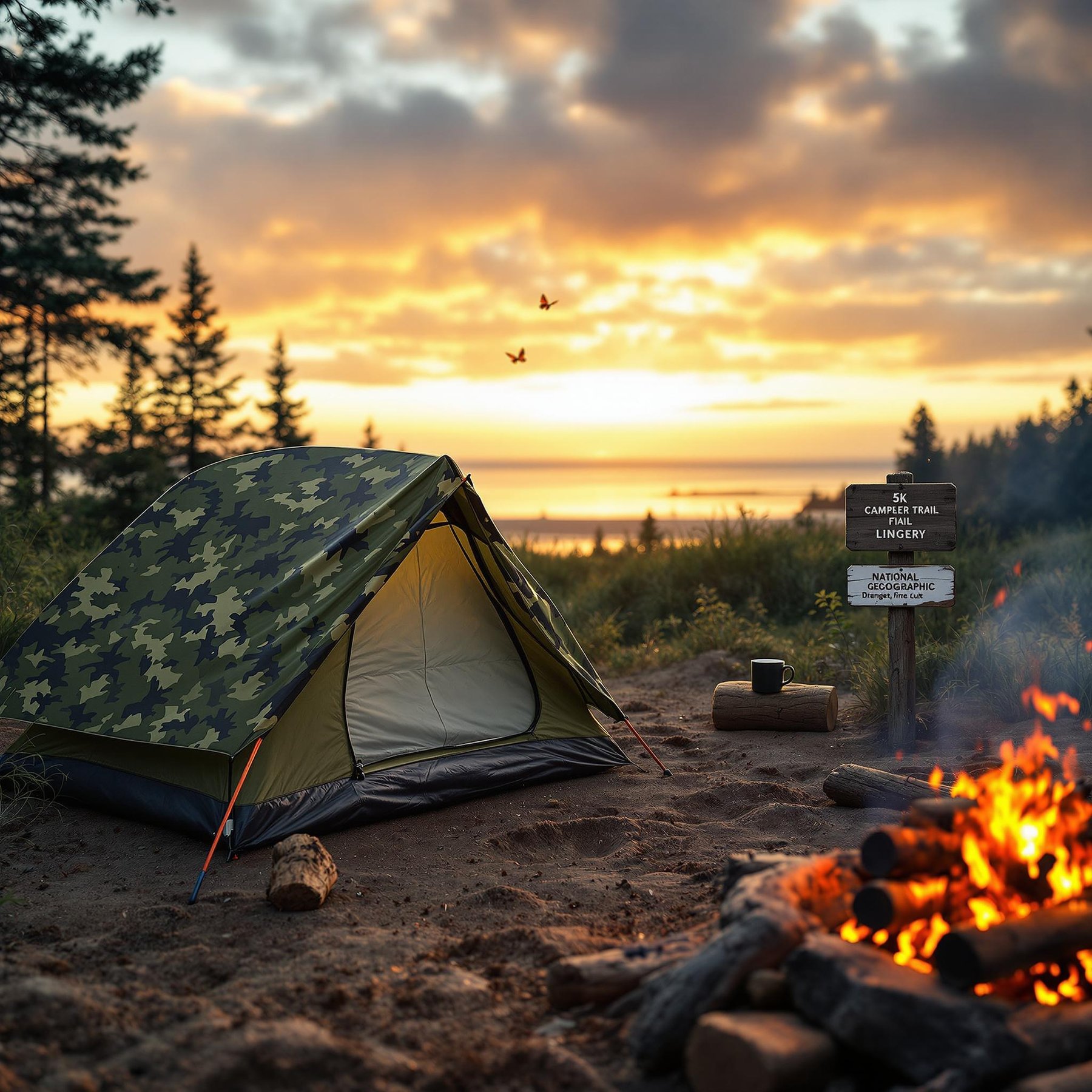 A cozy campsite sits by a crackling fire under a warm sunset sky. Tall trees stand nearby, and fluttering birds dance above, inviting you to relax and explore. The gentle glow of the horizon promises a magical outdoor adventure.