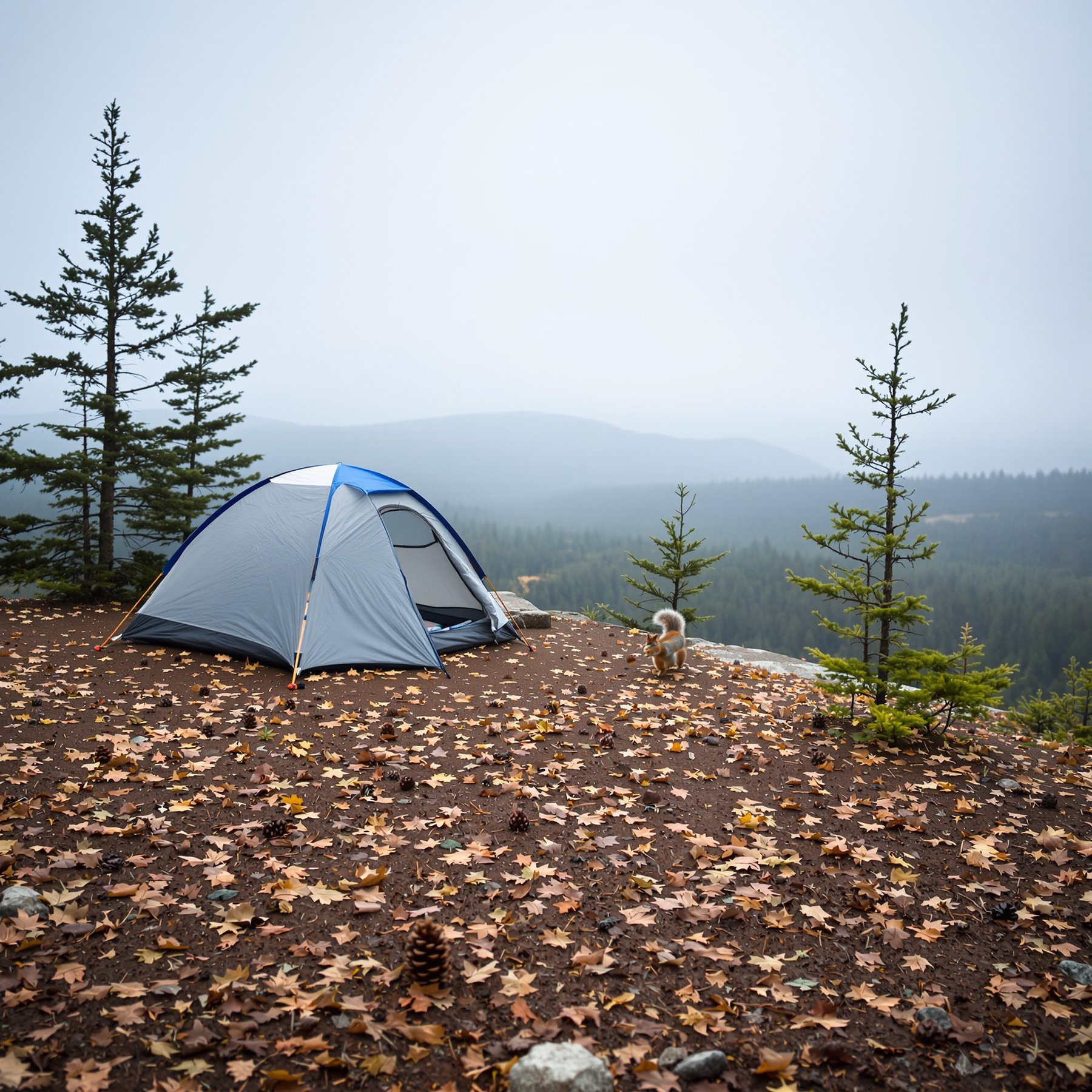 This campsite sits on a hill covered with colorful leaves and tall pine trees. A blue tent waits for campers to explore the misty forest and watch squirrels play. The air feels fresh and peaceful in the quiet mountains.