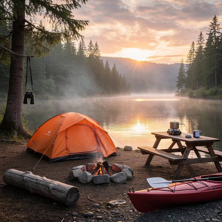 A bright orange tent sits by a calm lake, wrapped in soft morning mist and tall evergreen trees. Warm sunrise light spills through the clouds and makes the water glow. Nearby, a stone fire ring still holds red embers, with a weathered log for a seat and a picnic table set with a small stove and mug. A kayak rests on the pebbly shore, ready for a quiet paddle.