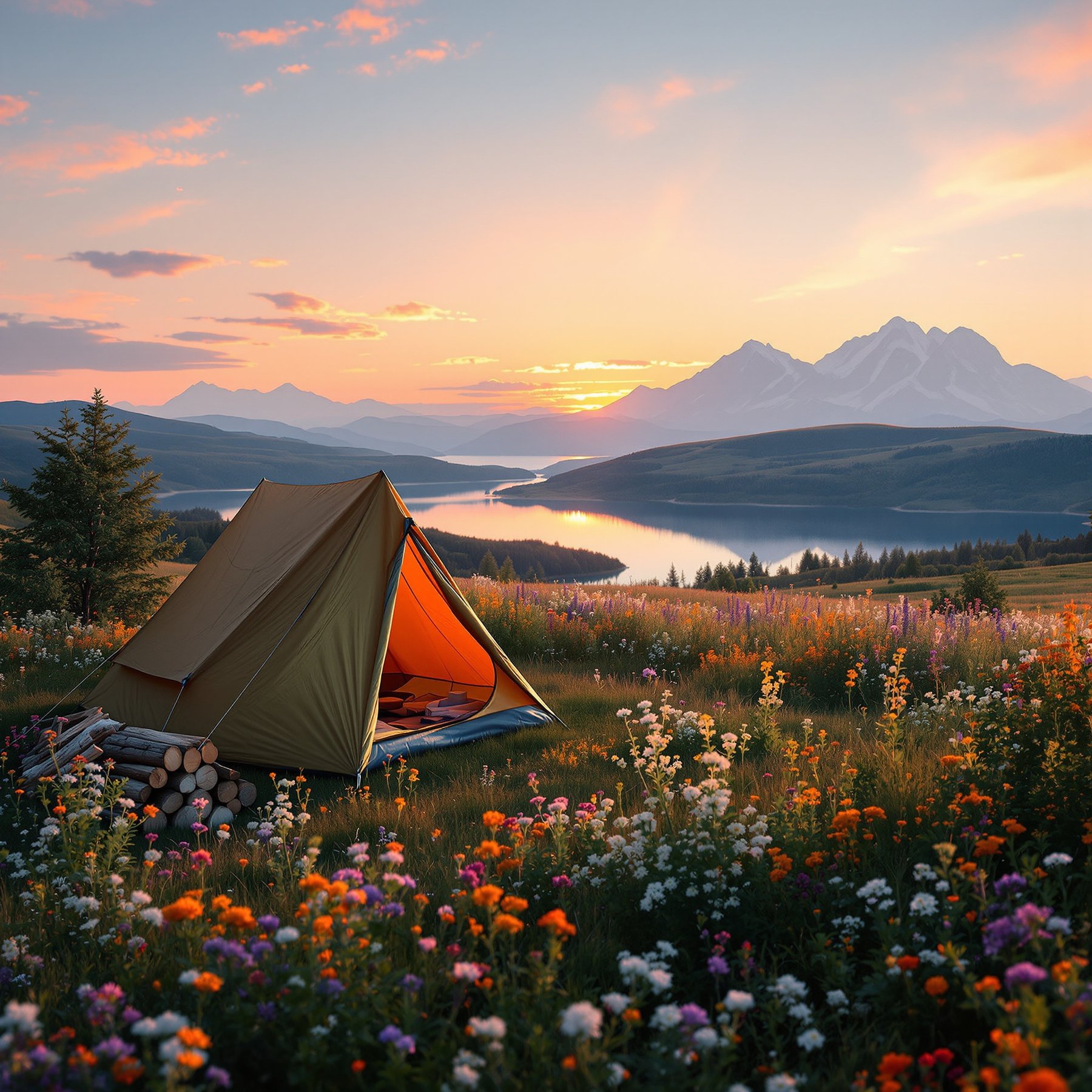 A cozy tent sits in a field of colorful wildflowers, overlooking a calm lake and tall mountains. The sunset fills the sky with warm colors, making the whole campsite feel peaceful and magical. It’s the perfect place for an outdoor adventure!