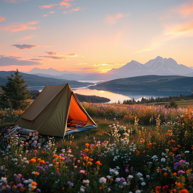 A cozy tent sits in a field of colorful wildflowers, overlooking a calm lake and tall mountains. The sunset fills the sky with warm colors, making the whole campsite feel peaceful and magical. It’s the perfect place for an outdoor adventure!