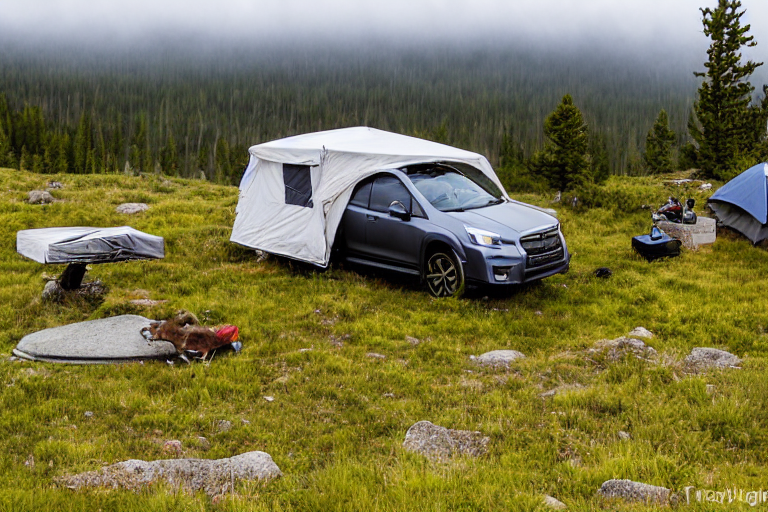 A Subaru with its rooftop tent open rests at a quiet campsite in Yellowstone at night. Fog drifts through the tall grass, while rocks and rough ground surround the dirt patch. Above, a sky full of bright stars creates a peaceful outdoor scene.