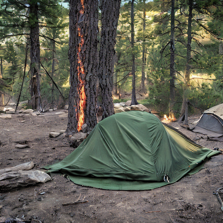 A green camo tent rests on a rocky campsite in Montana, surrounded by tall trees and a large rock. The stormy sky gives the scene a wild, moody feel, while a warm flashlight glows inside the tent.