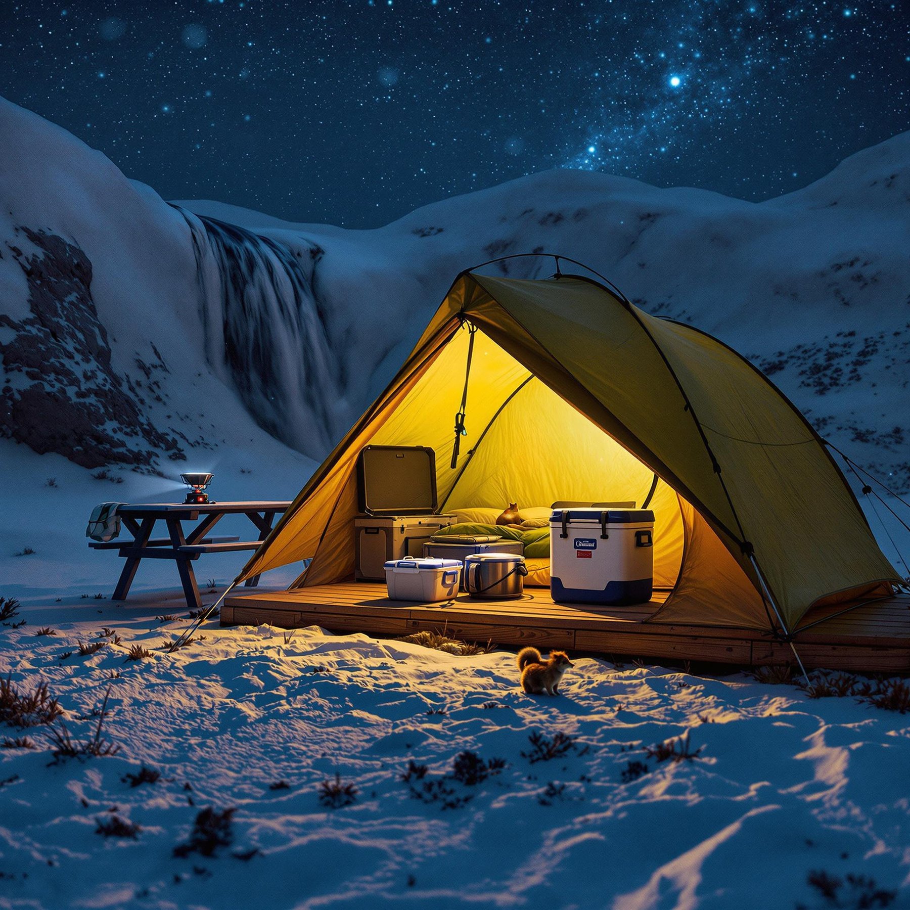 Nestled in a snowy wonderland, a cozy tent glows warmly under a starry night sky. A gentle waterfall spills in the background, adding a touch of magic to this quiet campsite. Perfect for stargazing and dreaming by the snow-lit mountains.