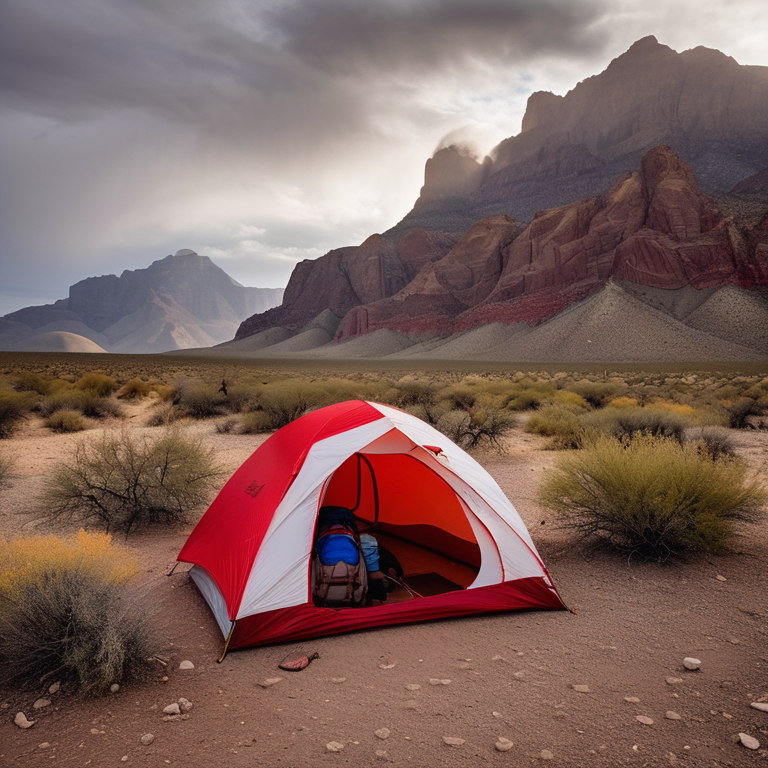 A red and white tent rests on a rocky dirt campsite in Big Bend National Park. Fog drifts around the tall mountains, while hikers explore nearby. A backpack sits on the ground beside the tent.