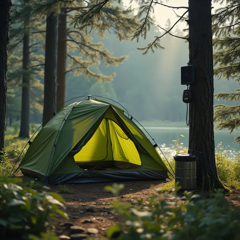 A forest-green tent rests beside a warm, misty hot spring beneath tall trees. Wildflowers brighten the quiet campsite, while soft sunbeams shine through the cloudy morning. A solar panel and bear-proof food container make the camp ready for adventure.
