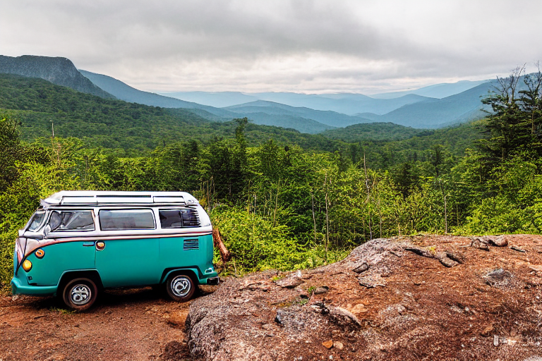 A colorful VW campervan rests at a quiet dirt campsite in the rainy Smoky Mountains. A nearby tent glows softly from a flashlight, while a large rock and misty mountains add to the peaceful scene.