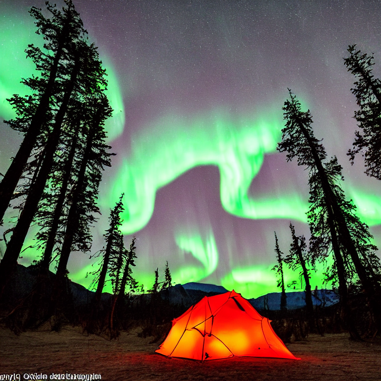 A cozy tent rests on a quiet campsite beneath bright green northern lights. Bushes and mountains surround the sandy ground, while a small campfire glows beside a fallen log. In the distance, a person’s flashlight shines through the stormy night.